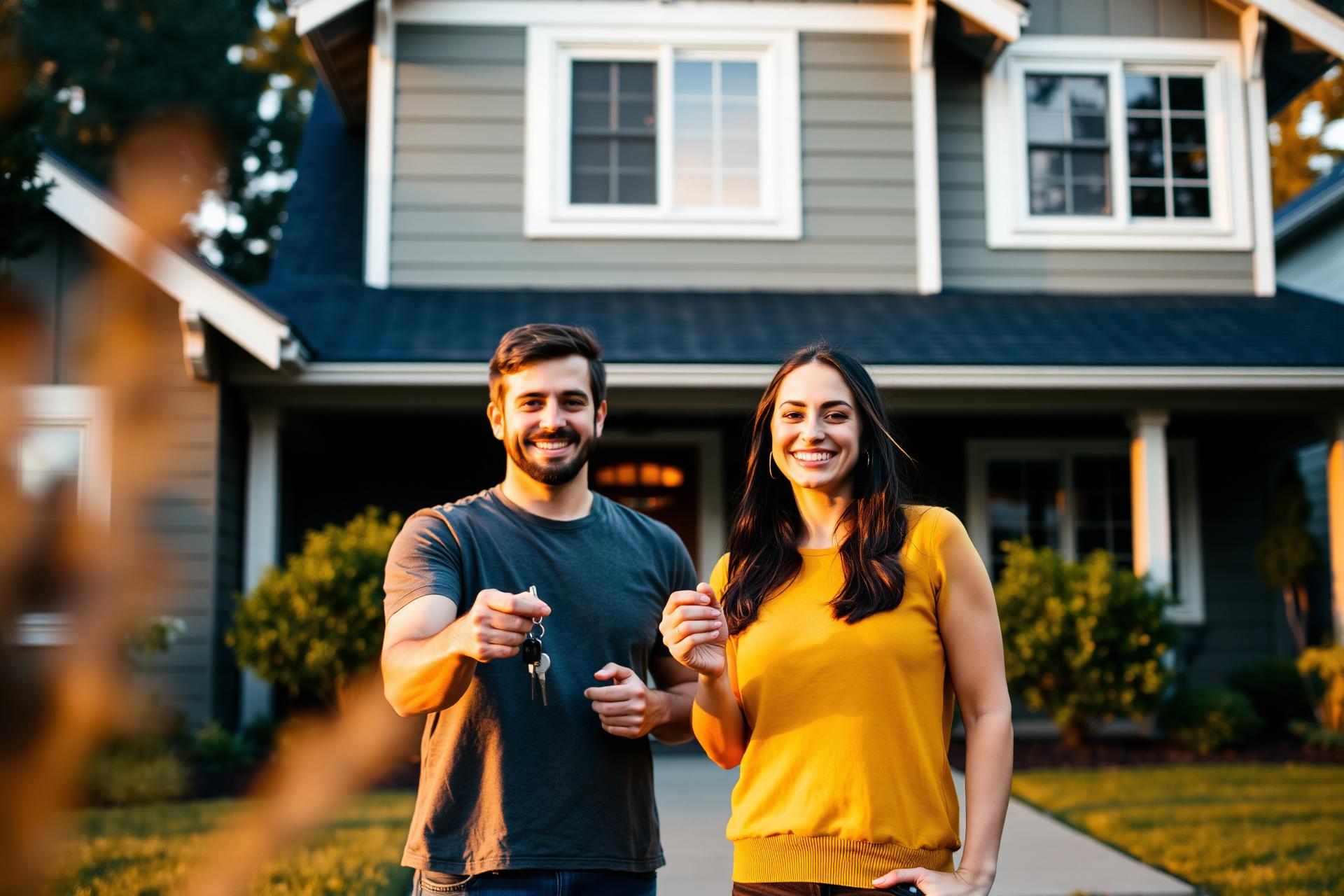 A happy Portland couple in front of their new Craftsman home